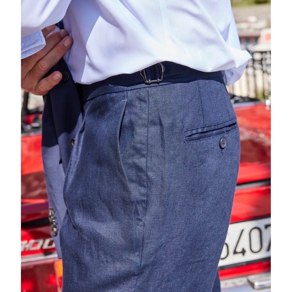 Collars & Co Mens Size 34x30 Amalfi Linen Trouser Navy Side Adjusters Cuffed - Picture 9 of 9